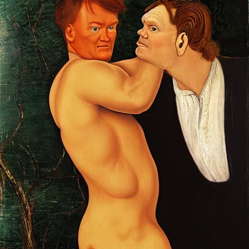 Image similar to conan o'brien and andy richter wrestling, by sandro botticelli, oil on canvas