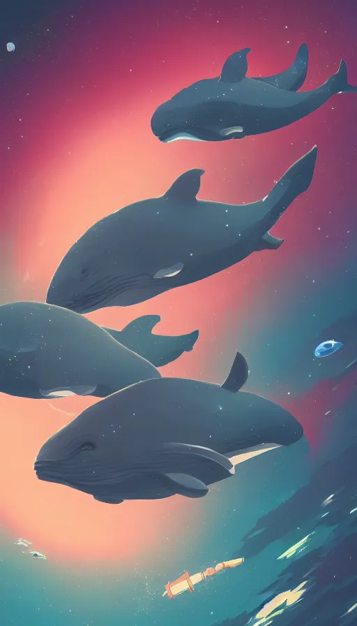 Image similar to whales in space, sharp focus, james gilleard, cinematic, game art, print, extremely detailed digital painting