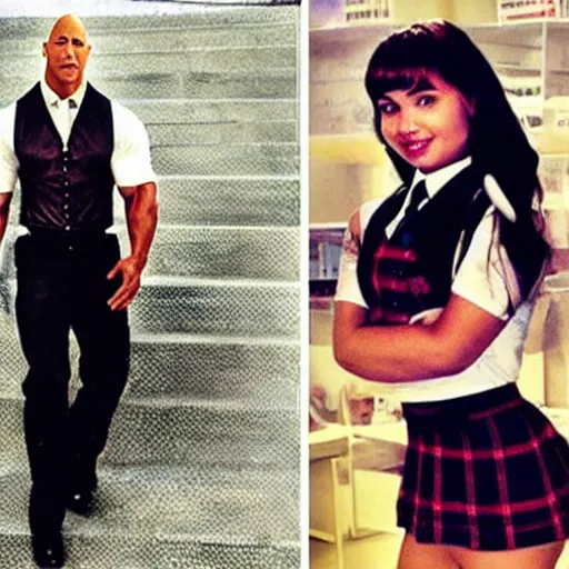 Image similar to a pretty picture of dwayne the rock johnson dressed as a schoolgirl