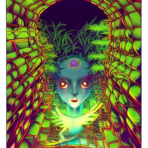 Image similar to A beautiful composition of a psychedelic glowing spirit animal psychonaut floating above a hedge maze, DMT, rich details full of texture, realistic eyes, artwork by Satoshi Kon and Yoshitaka Amano and Moebius