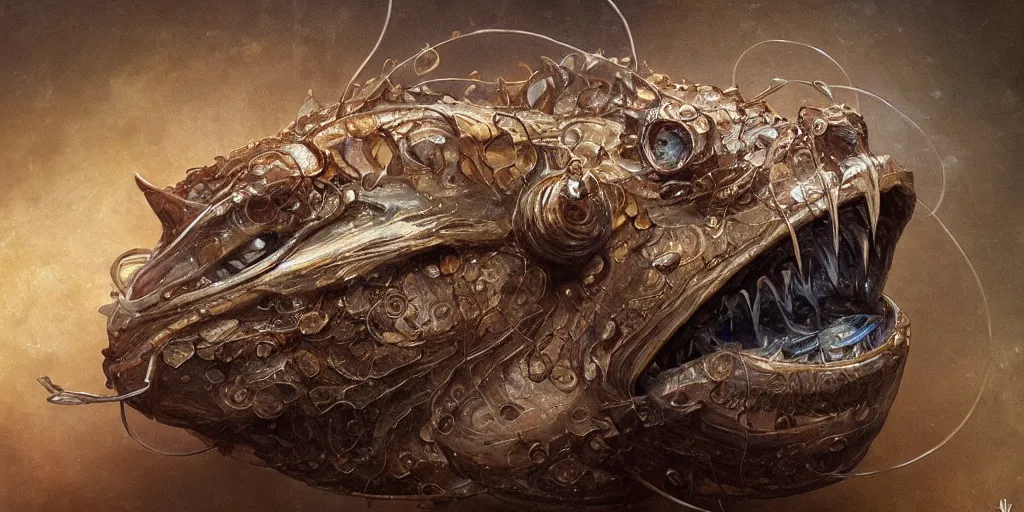 Prompt: angler fish sculpture, diffuse lighting, fantasy, intricate, elegant, highly detailed, lifelike, photorealistic, digital painting, artstation, illustration, concept art, smooth, sharp focus, art by john collier and albert aublet and krenz cushart and artem demura and alphonse mucha