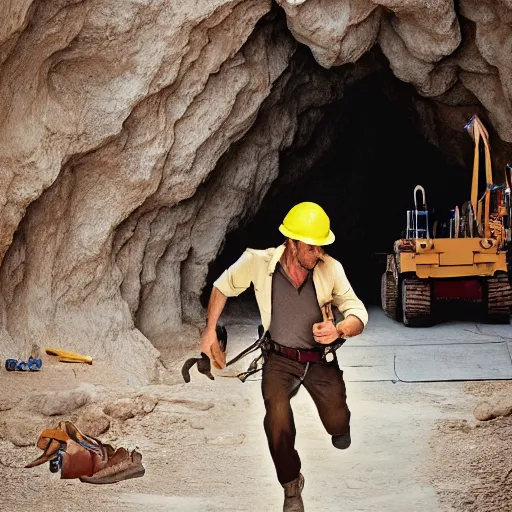 Image similar to indiana jones running away from a construction worker in a cave