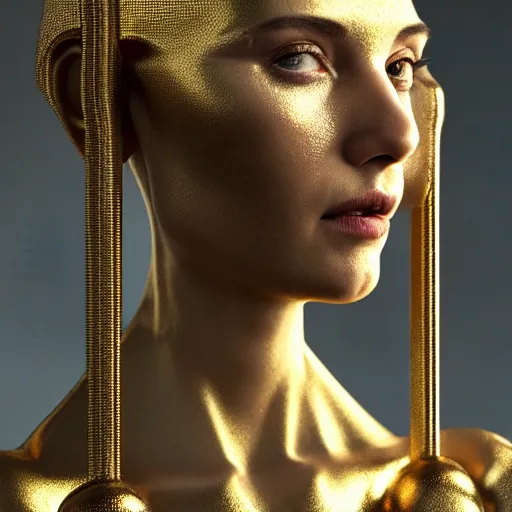 Prompt: complex 3 d render, ultra detailed, beautiful natural light, studio lights, rim light, white studio, fascinating female, 1 5 0 mm lens, golden head piece with solarpunk details, elegant, hyperrealistic, ultra detailed, octane render, h. r. giger style, volumetric lighting, 8 k post - production