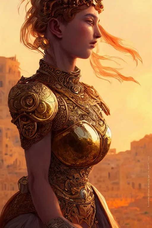 Image similar to portrait knights of zodiac girl, golden and copper shining armor, karate pose, in ruined agora of athens sunrise, ssci - fi and fantasy, intricate and very very beautiful and elegant, highly detailed, digital painting, artstation, concept art, smooth and sharp focus, illustration, art by tian zi and wlop and alphonse mucha