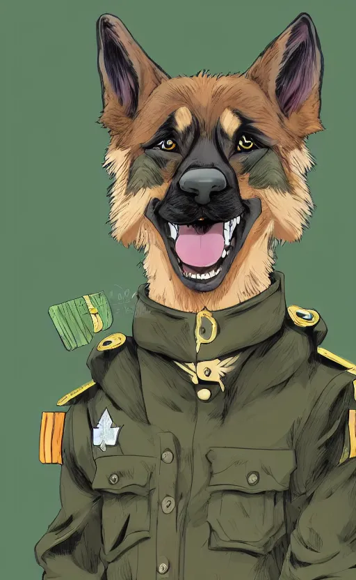 Image similar to close up character portrait icon of the german shepard military uniform head animal person fursona wearing clothes standing in the bright forest, hidari, color page, tankoban, 4 k, tone mapping, akihiko yoshida