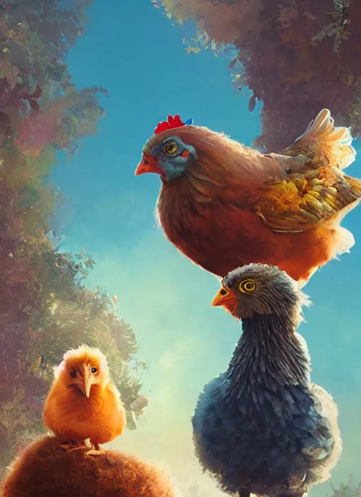 Image similar to a hen and her two chicks walking over a rainbow movie by nuri iyem, james gurney, james jean, greg rutkowski, anato finnstark. pixar. hyper detailed, 5 0 mm, award winning photography, perfect faces