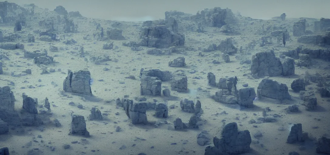 Image similar to a barren blue desert in blue light, scattered with the ruins of statues of blue female figures, cinematic composition, chalky, artstation trending