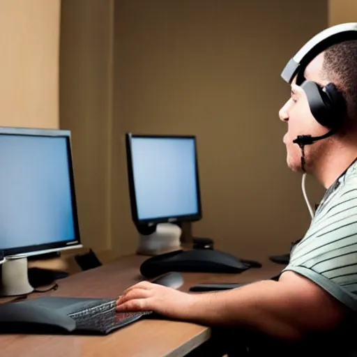 Prompt: obese r kelly sitting behind computer wearing headset