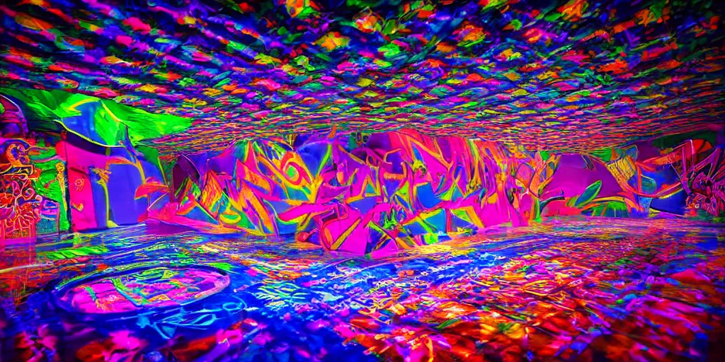 Image similar to backflip into a pool caustics lighting impressive colorful masterpiece graffiti hyper perspective textured detailed intricate