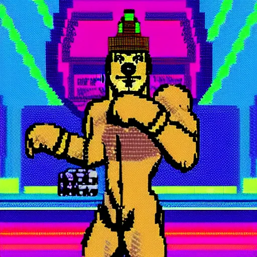 Prompt: full body shot antropomorphic muscular masculine wolf. kickboxer. wolf head. furr. 8 bit nes graphics. vaporwave futuristic 8 0's