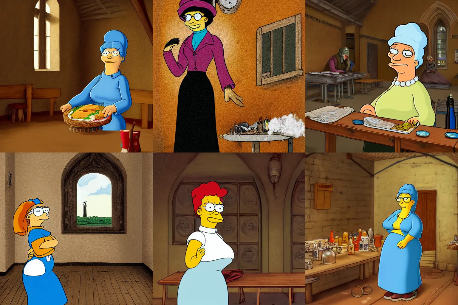 Prompt: realistic concept art of Lunchlady Doris from The Simpsons in a medieval hall. Detailed HD, artstation quality.