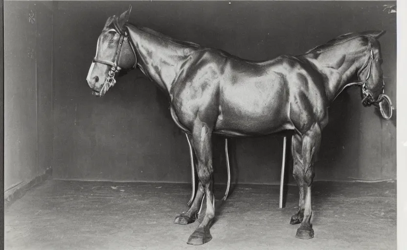 Prompt: strong cart horse with big muscles in a gym, photograph, strong, 1 8 5 0 s, 1 9 8 0 s