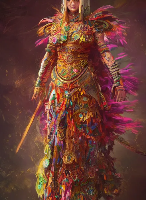 Prompt: detailed full body concept art illustration colorful oil painting of an ancient warrior goddess in full intricate colorful clothing, ultra detailed, digital art, octane render, 4k