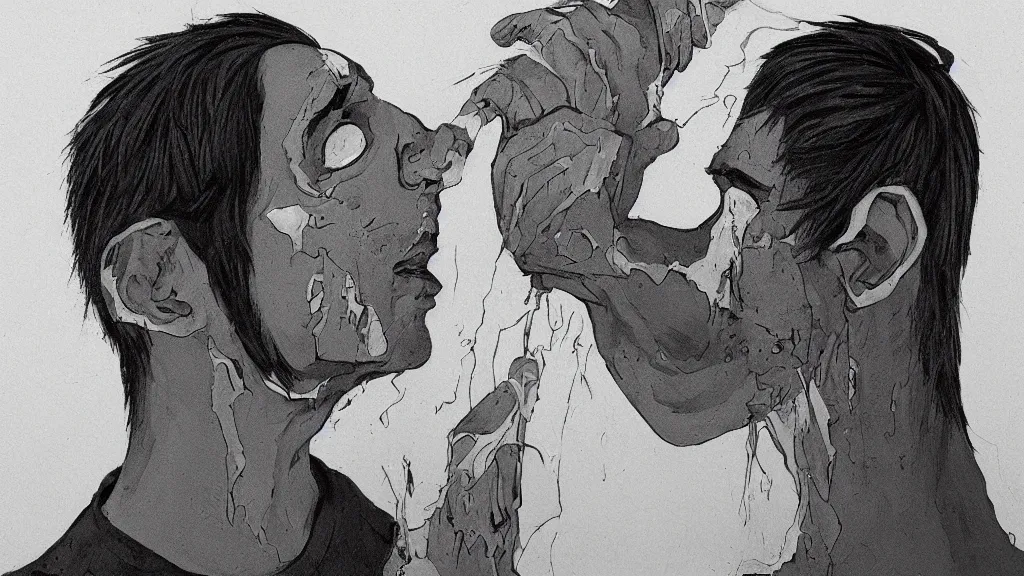 Image similar to mirrorpunk fraternal portrait of a crying young dude 3 3 years old, with violence