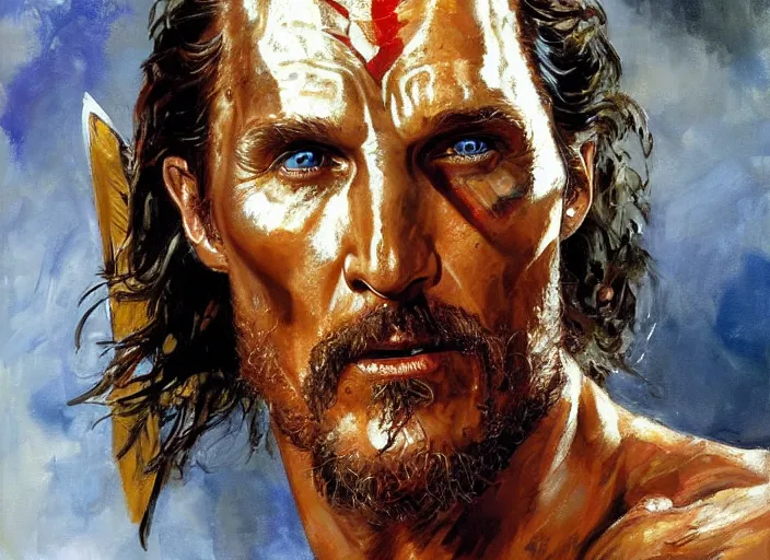 Image similar to a highly detailed beautiful portrait of matthew mcconaughey as kratos, by gregory manchess, james gurney, james jean