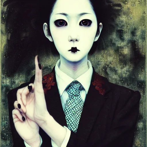 Image similar to yoshitaka amano blurred and dreamy realistic three quarter angle portrait of a young woman with black lipstick and black eyes wearing dress suit with tie, junji ito abstract patterns in the background, satoshi kon anime, noisy film grain effect, highly detailed, renaissance oil painting, weird portrait angle, blurred lost edges