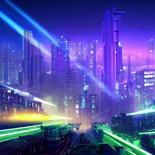 Prompt: wide angle view of a cyberpunk dystopian city, beams of light, buildings surround the evil empire, neon, flying cars, foggy atomosphere, volumetrics, glowing light, night time