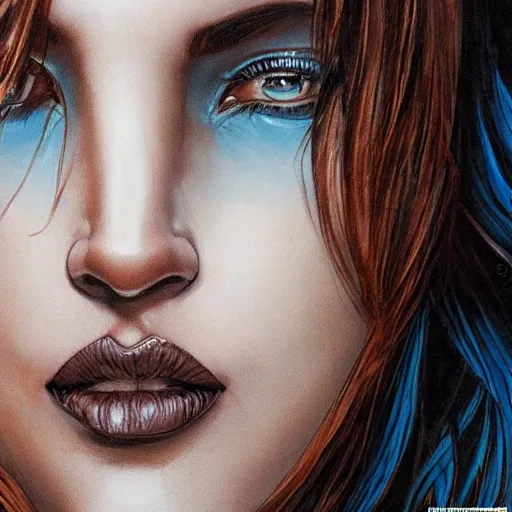 Prompt: closeup of a beautiful brown - skin woman with blue - within - blue eyes of, intricate, elegant, highly detailed, smooth, sharp focus, full body, detailed face, high contrast, art by ardian syaf,