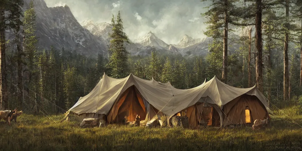 Image similar to cabela's tent fabric shelled pop up family dwelling unit, cabin, modular, person in foreground, mountainous forested wilderness open fields, beautiful views, painterly concept art, joanna gaines, environmental concept art, farmhouse, magnolia, concept art illustration by ross tran, james gurney, by craig mullins, by greg rutkowski