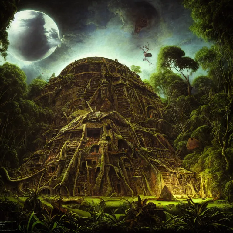 Image similar to surreal painting of crashed mayan aztec spaceship overgrown by jungle by hieronymus bosch, harsh flash photo at night, baroque painting, perfect composition, detailed octane render trending on artstation, 8 k artistic photography, volumetric cinematic perfect light, chiaroscuro, masterpiece, raphael, caravaggio, beksinski, rutkowski, beeple