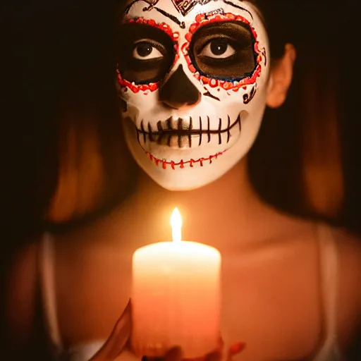 Prompt: film photography of beautiful Mexican actress in sugar skull makeup, illuminated by candlelight, cinestill 800, 85mm