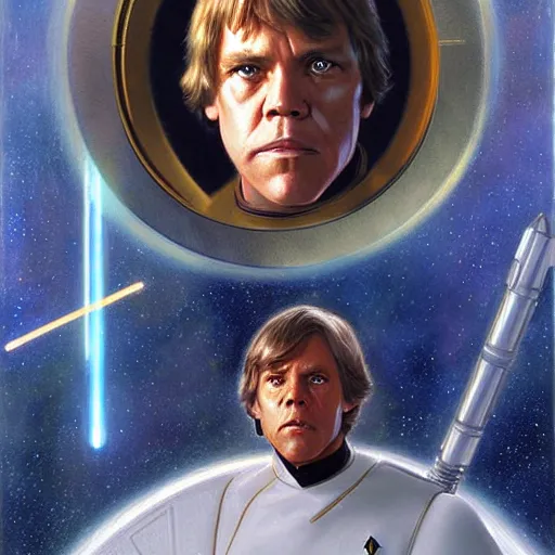 Image similar to a portrait of luke skywalker in a starfleet uniform star trek chief engineer wizard hat and wand. detailed face highly detailed painting by gaston bussiere craig mullins jc leyendecker gustav klimt artgerm greg rutkowski