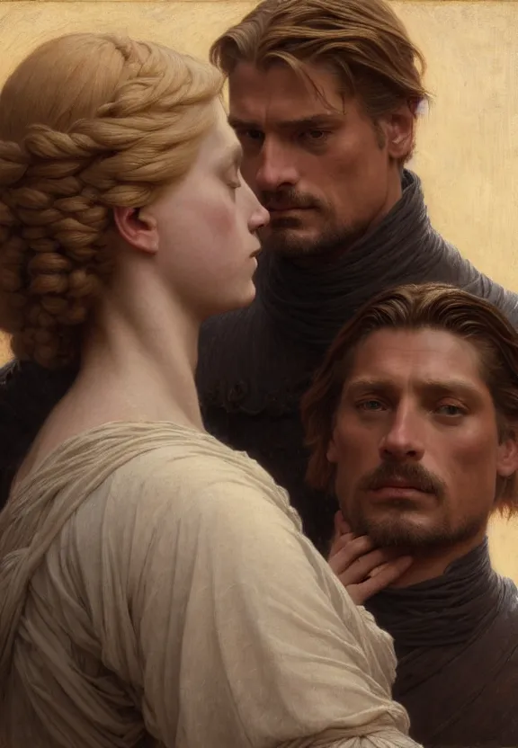 Image similar to attractive handsome fully clothed jaime lannister confesses his love for attractive fully armored brienne of tarth. centered composition. highly detailed painting by gaston bussiere and j. c. leyendecker and william adolphe bouguereau and fra angelico and octane render, musee d'orsay 8 k