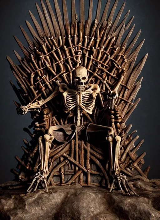 Image similar to hyper realistic photography of intricate horrific alien bone skeleton god sitting on iron throne in a rocky cave detailed, artstation, cgsociety