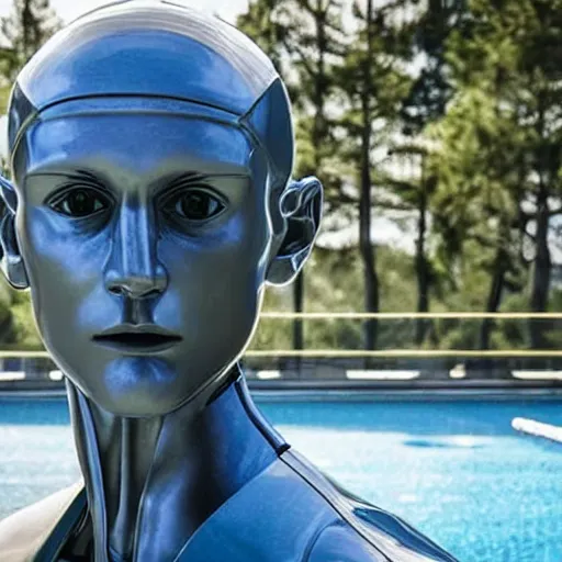 Image similar to a realistic detailed photo of a guy who is an attractive humanoid who is half robot and half humanoid, who is a male android, soccer player martin ødegaard, shiny skin, posing like a statue, blank stare, by the pool, on display, showing off his muscles, humanoid robot, frozen ice statue