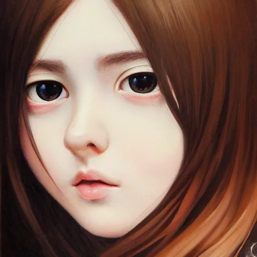 Prompt: a painting of cute innocent happy emo young adult, with long dark hair, thick eyebrows, dark eyes and dark circles wide nose, big eyes, oval face, big cheeks holding her cat, photorealistic painting by tran nguyen ilya kuvshinov and greg rutkowski featured on deviantart, detailed painting