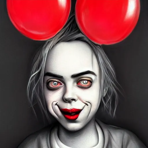 Image similar to surrealism grunge cartoon portrait sketch of billie eilish with a wide smile and a red balloon by - michael karcz, loony toons style, pennywise style, horror theme, detailed, elegant, intricate