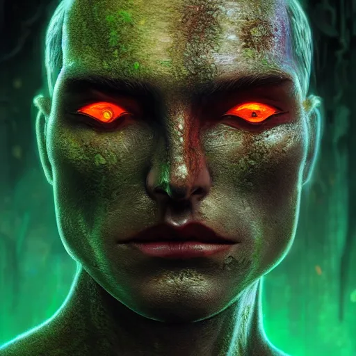 Prompt: atractive man face made of green lava and fire, cyberpunk fashion, character design humanoid, realistic shaded perfect face, fine details, very dark environment, misty atmosphere, closeup, d & d, fantasy, intricate, elegant, highly detailed, digital painting, artstation, hearthstone, art by artgerm and greg rutkowski and alphonse mucha, marvelous designer