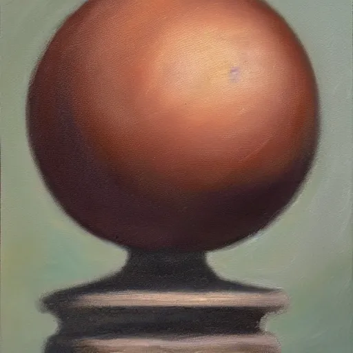 Image similar to oil painting of a spherical rough boulder on a pedestal with a match stick in its side, brown background