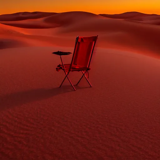 Prompt: a red camping chair in the middle of the sahara desert. the chair is 2 0 feet away from the camera.