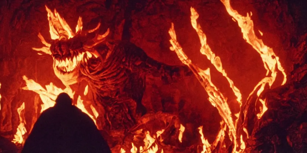 Image similar to A full color still from a Stanley Kubrick film featuring a Balrog made of flames in the fancy mines Moria, practical effects, 35mm, 1975