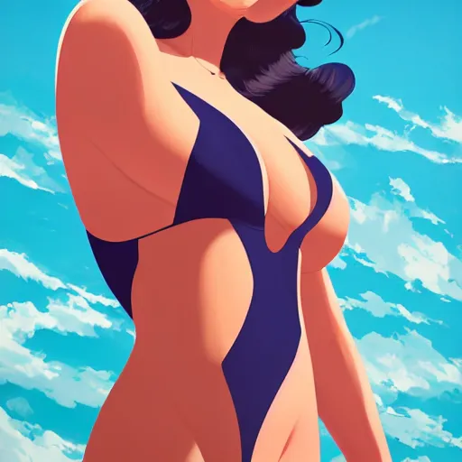 Image similar to portrait of a beautiful girl with dark 1950's style hair dressed in 1950's swimsuit, sunny beach, rich vivid colors, ambient lighting, dynamic lighting, 4k, HQ, official media, anime key visual, makoto shinkai, ilya kuvshinov, lois van baarle, rossdraws, detailed, trending on artstation