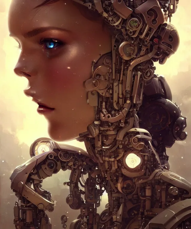 Image similar to beautiful crying! female mechanical android!, half portrait, intricate detailed environment, photorealistic!, intricate, elegant, highly detailed, digital painting, artstation, concept art, smooth, sharp focus, illustration, art by artgerm and greg rutkowski and alphonse mucha