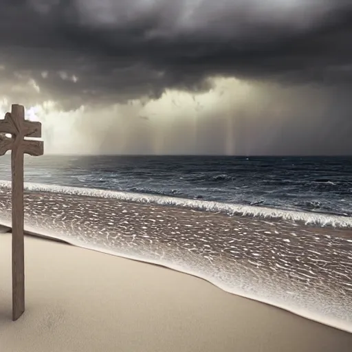 Image similar to a highly detailed vector render of a large cross standing on the beach as a storm comes in with the tide, woman sitting in the sand watching the ocean, epic fantasy, god rays, rocky beach, aerial photography, volumetric lighting, octane render, exquisite detail, 8 k, art by hayao miyazaki and albert bierstadt and alphonse mucha