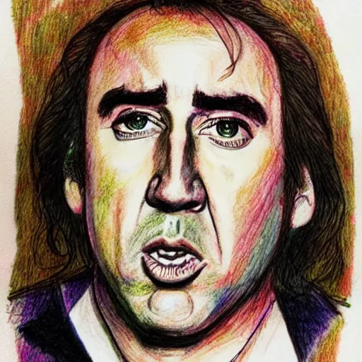 Prompt: Nicholas Cage in Fear and Loathing in Las Vegas, detailed ballpoint drawing with water color background