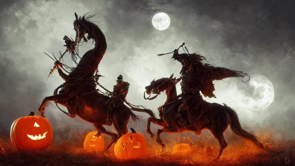 Image similar to a headless!!! colonial rider!!!! holding a ( jack - o - lantern ) on a rampant ( ( black horse ) ) with fiery eyes, background gnarled trees and large supermoon, in the styles of greg rutkowski, keith parkinson, and john quidor, intricate, detailed, volumetric lighting