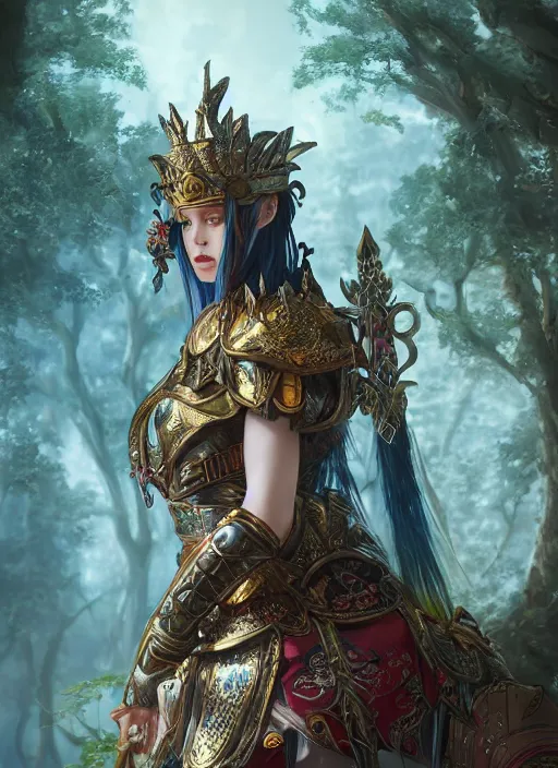 Image similar to Beautiful art portrait of a female fantasy queen in plate armour in a bright temple surrounded by lush forest, atmospheric lighting, intricate detail, cgsociety, hyperrealistic, octane render, RPG portrait, ambient light, dynamic lighting, anime style