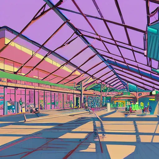 Prompt: mall, truss building, red trusses, truss roof, building, geodesic building, cel - shading, 2 0 0 1 anime, flcl, jet set radio future, the world ends with you, sunshine, cel - shaded, strong shadows, vivid hues, y 2 k aesthetic, art by artgerm