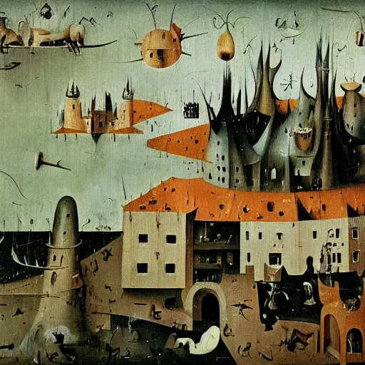Image similar to oil painting by hieronymous bosch of a cat destroying a city.