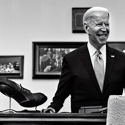 Prompt: joe biden talking to a shoe on a desk.