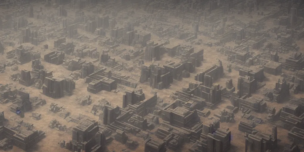 Image similar to ancient urban city super wide aerial view, building, desert, temple, cinematic composition, mist, obscure render light dark, blade runner 2 0 4 9