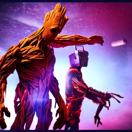 Image similar to groot and optimus prime dancing at techno party among people, wide shoot, after effect ultra realistic 3 d