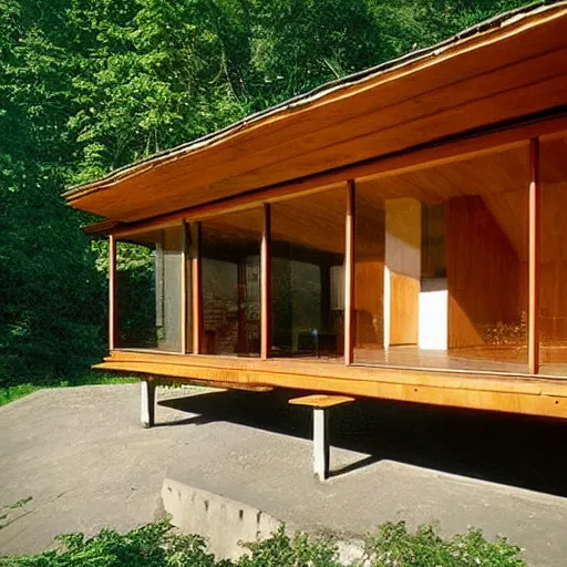 Prompt: le corbusier architecture in style of log cabin