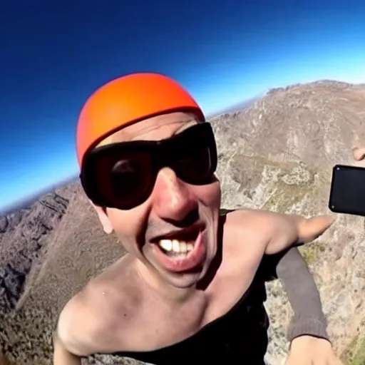 Image similar to GoPro video of Mr Bean base jumping close-up selfie