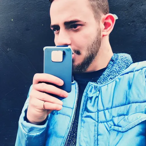 Image similar to Man young short facial hair brown hair wearing blue jacket leaves background selfie