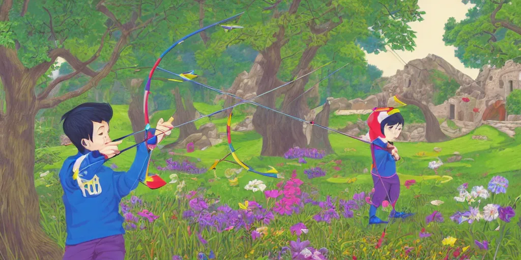 Image similar to a young boy practicing archery in the backyard of a castle, digital art, vivid colors, flat colors, cinematic, wide angle, made by chiho aoshima, trending on artstation, detailed